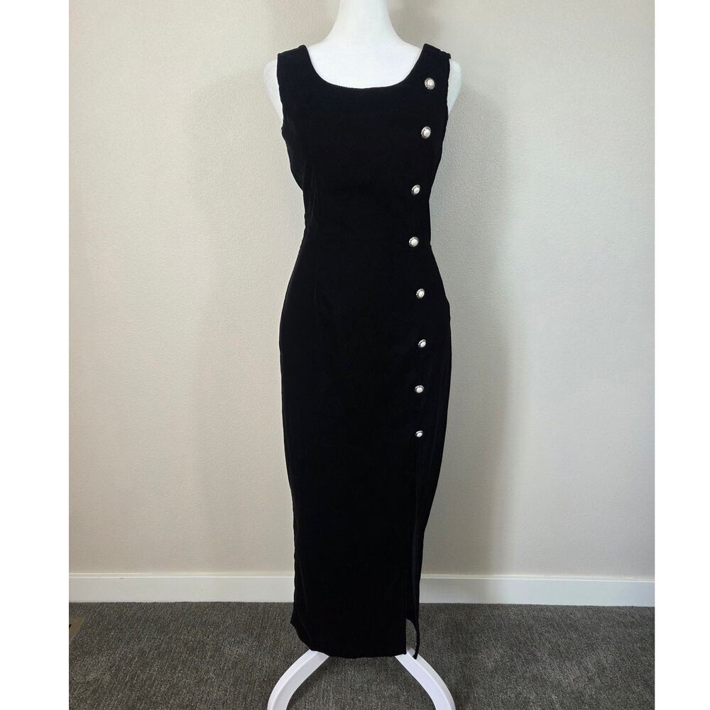 Switch USA Vintage 90's Black Velvet Pearl Gold Button Fitted Maxi Dress JR 3